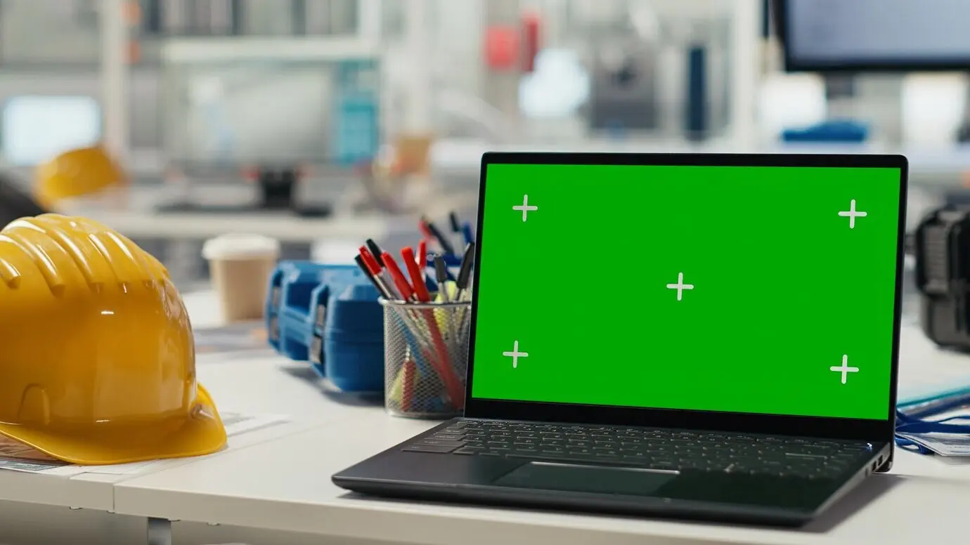 Chroma-Key-Laptop in einer Photovoltaikfabrik zur Überwachung von Systemen.