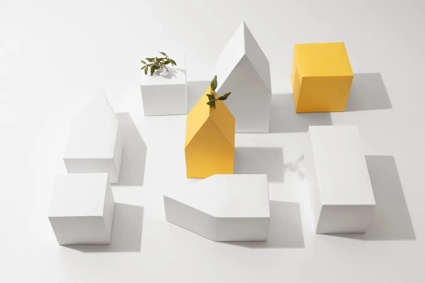 Konzept der Nachhaltigkeit mit geometrischen Formen und einer wachsenden Pflanze.