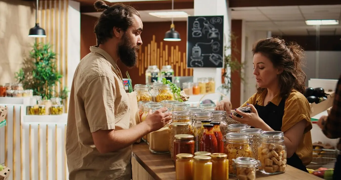 Ein Kunde wird im Supermarkt von einem Verkäufer unterstützt.